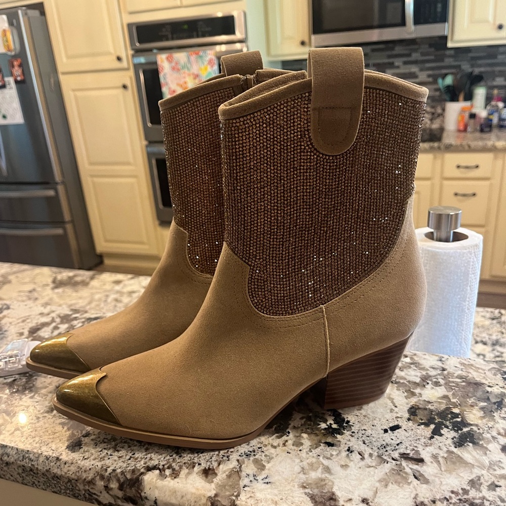 Women’s Tan Suede Heeled Boots with Metallic Toe